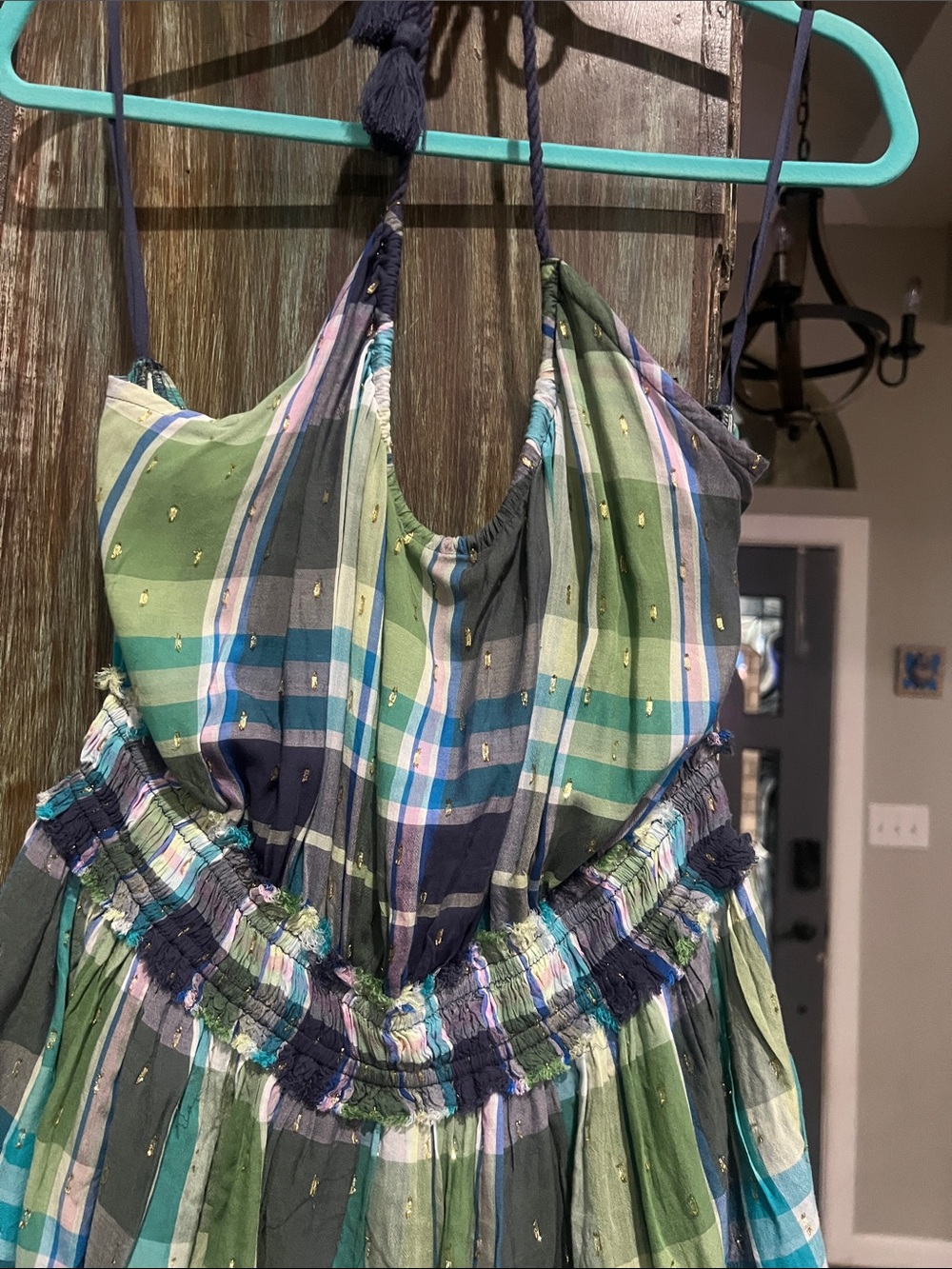 Backless Plaid Tiered Sundress in Green & Blue - Picture 2 of 6